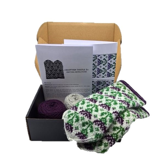 Mittens knitting kit Scottish Thistle2 box open with mittens